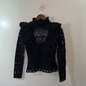 H&M Womens Crochet High Neck Blouse XS Edwardian Ruffle Puff Sleeve Romantic NWT